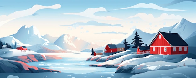 Illustration de maisons traditionnellement scandinaves avec une nature norvégienne typique Générative ai