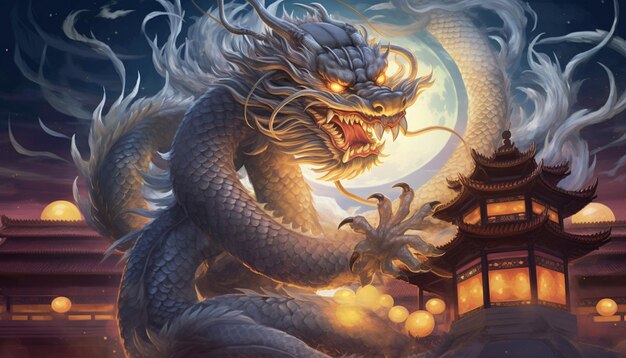 Illustration d'un majestueux dragon chinois enroulé autour d'un ancien temple