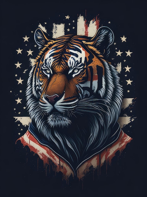 Illustration d'un majestueux tigre orné d'un foulard à drapeau américain