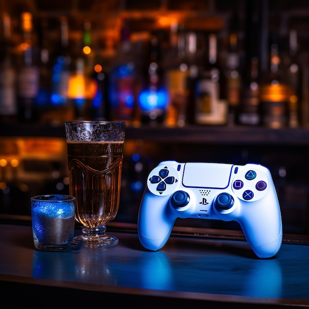 L'illustration de la manette de jeu PS5 est sur la table en lumière bleue avec