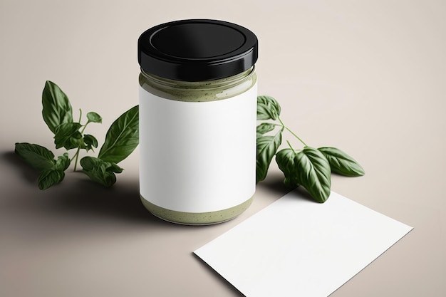 Illustration d'une maquette de pot de pesto au basilic Génération AI