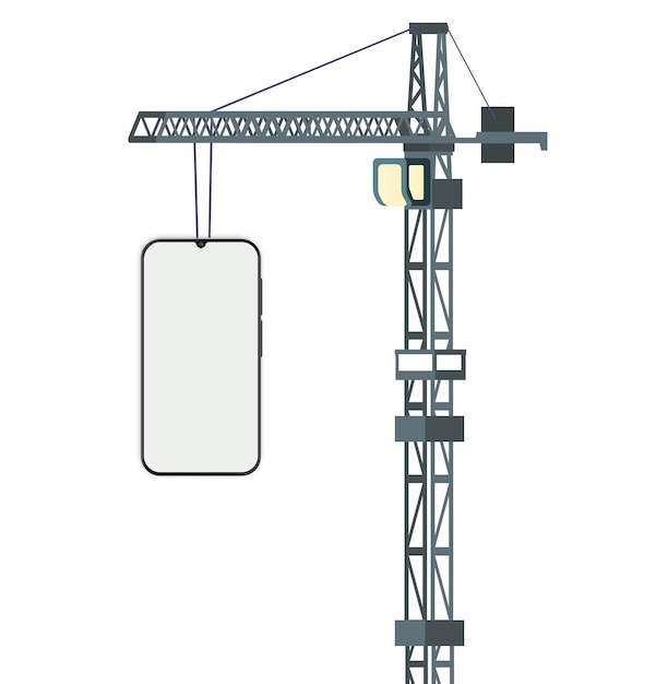 Photo illustration de maquette de smartphone de levage de grue de construction d'ower isolé sur fond blanc