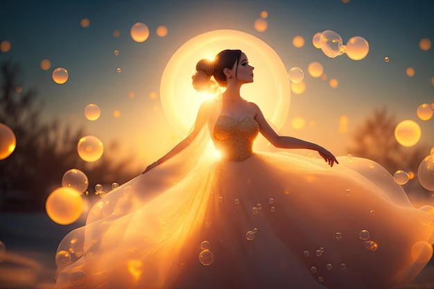 L'illustration de la mariée heureuse dansant au coucher du soleil dans des bulles de fées à l'arrière-plan