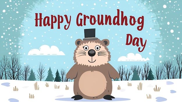 Illustration d'une marmotte dans la neige avec le texte Happy Groundhog Day