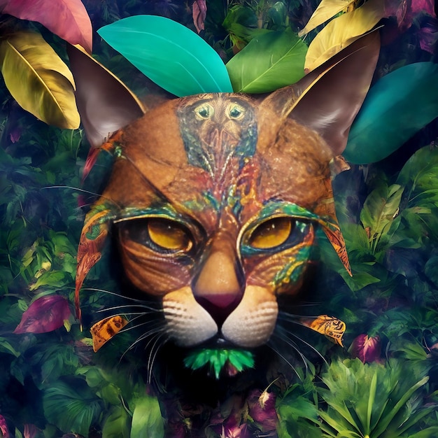 Illustration de masque de voiture tropicale mystique dans la jungle drak sur fond coloré Ai généré