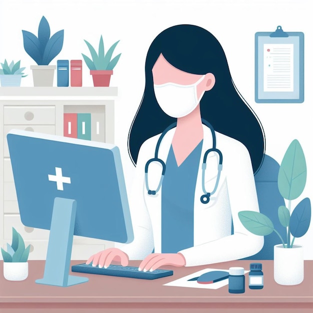 illustration médecin utilisant l'ordinateur pour la consultation ou créer un CV médical