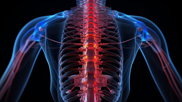 Illustration médicale détaillée de l'inflammation de la colonne vertébrale lombaire masculine, inflammation et douleur visibles