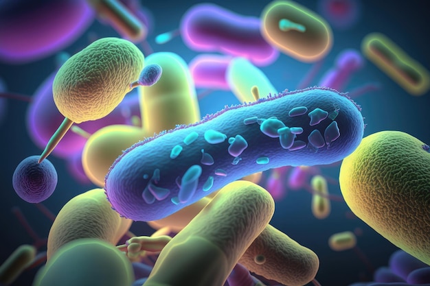 Illustration médicale générée par IA de différentes couleurs d'isolement de cellules cancéreuses de microbes de bactéries virales