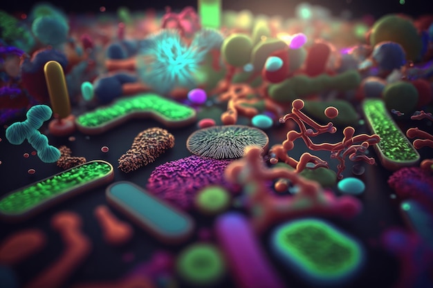 Illustration médicale générée par IA de différentes couleurs d'isolement de cellules cancéreuses de microbes de bactéries virales
