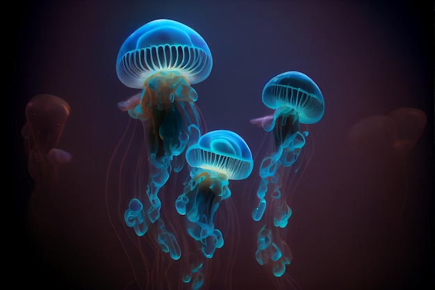 Illustration de méduses de mer rougeoyantes sur darkGenerative ai