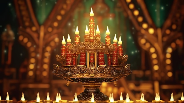 Photo illustration d'une ménora de hanouka avec des bougies et des lumières