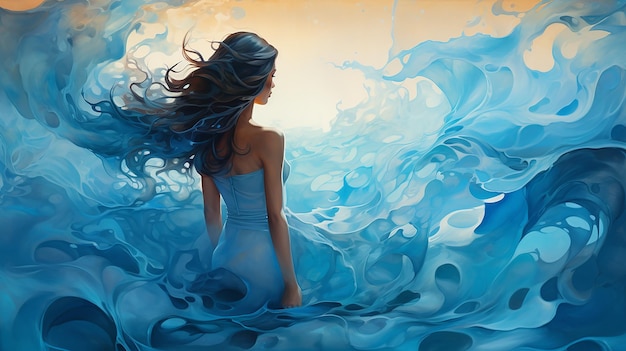 illustration de la mer bleue et de la femme