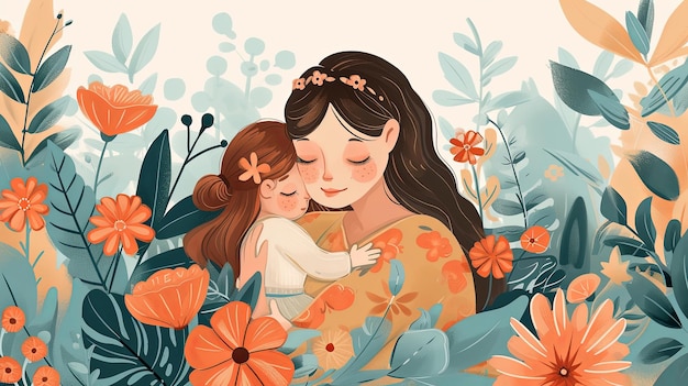 Illustration d'une mère adorable qui embrasse sa fille.