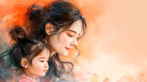 Illustration d'une mère asiatique avec son petit fils Concept de la journée de la mère de l'amour de la mère