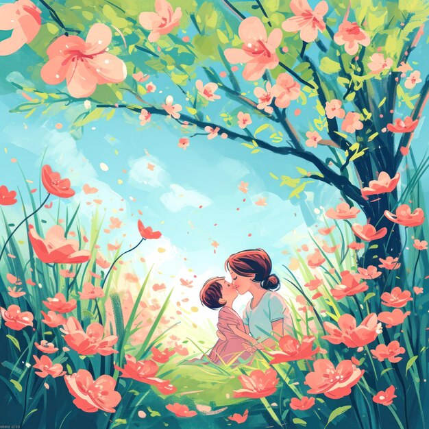 Illustration d'une mère et d'une petite fille au milieu de la floraison des cerisiers, des fleurs de sakura, des arbres, des roses roses dans le jardin au printemps, en été, joyeuse fête des mères, la mère embrasse le bébé.