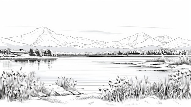 Illustration Méticuleuse De Lac Et De Montagne En Noir Et Blanc