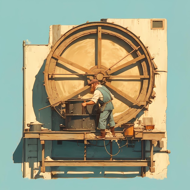 Photo illustration d'un meunier au travail dans un vieux moulin à eau.