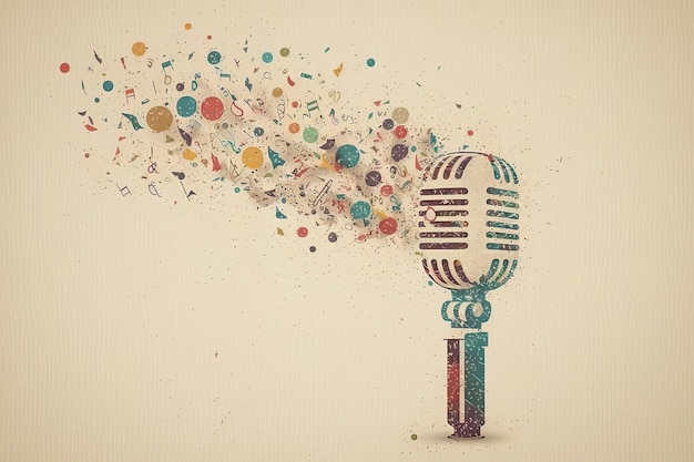 Photo illustration de microphone et notes de musique abstraites dans un style design plat ai