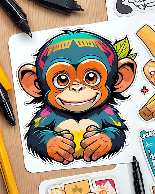 Illustration d'un mignon autocollant de chimpanzé aux couleurs vives et à l'expression ludique