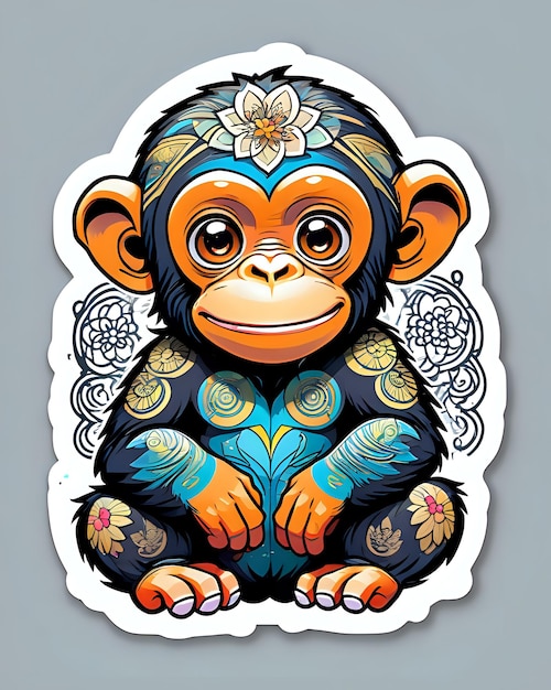 Illustration d'un mignon autocollant de chimpanzé aux couleurs vives et à l'expression ludique