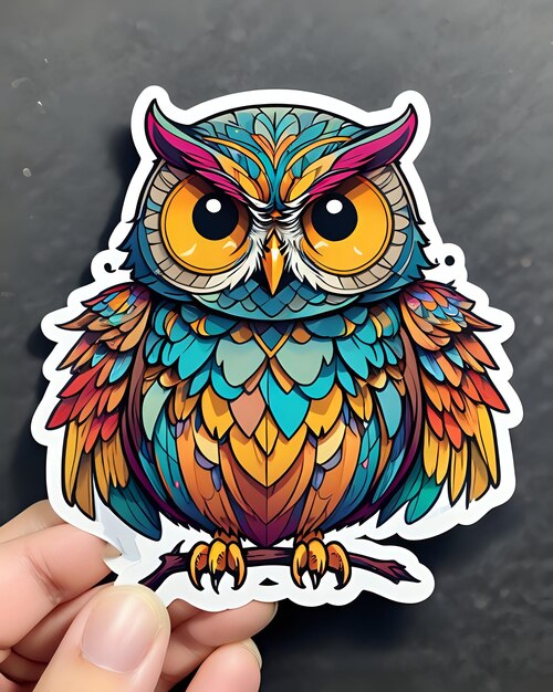 Photo illustration d'un mignon autocollant owl avec des couleurs vives et une expression ludique