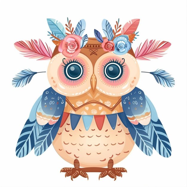 illustration d'un mignon hibou avec une couronne de plumes et de fleurs