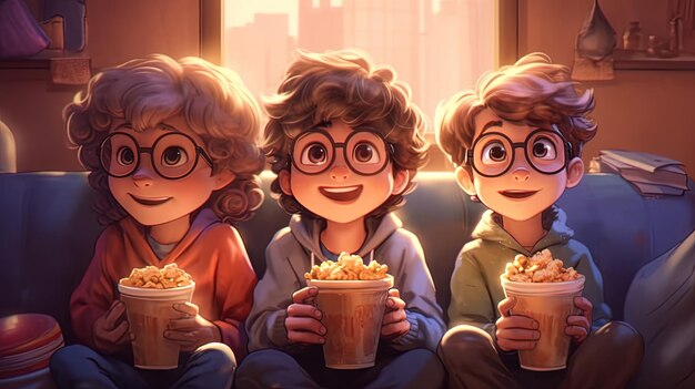 Une illustration d'un mignon jeune garçon regardant un film avec du pop-corn Concept fantastique Peinture d'illustration