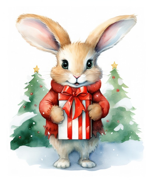 une illustration d'un mignon lapin avec des cadeaux de Noël isolésune illustration de un mignon Lapin