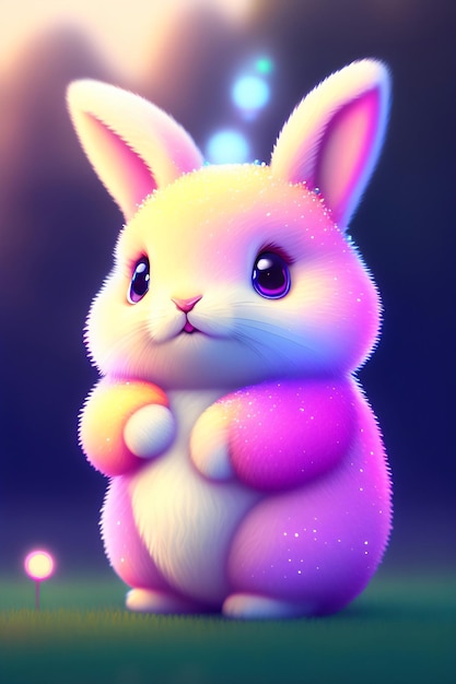 Photo illustration d'un mignon lapin fabuleux en style cartoon avec des lumières violettes brillantes