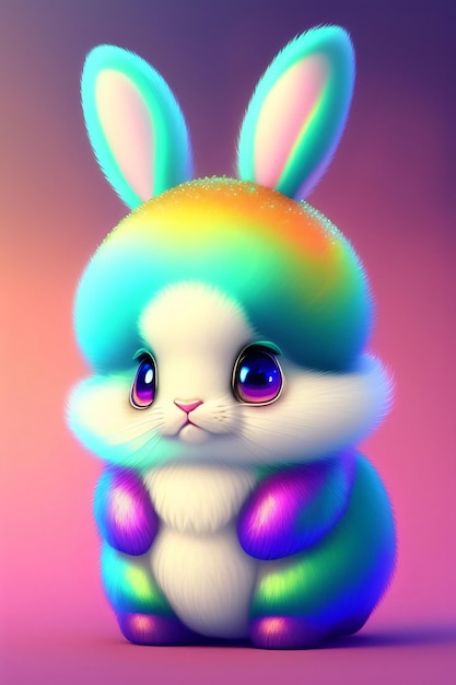 Photo illustration d'un mignon lapin fabuleux en style dessin animé avec des lumières rougeoyantes et un arc-en-ciel