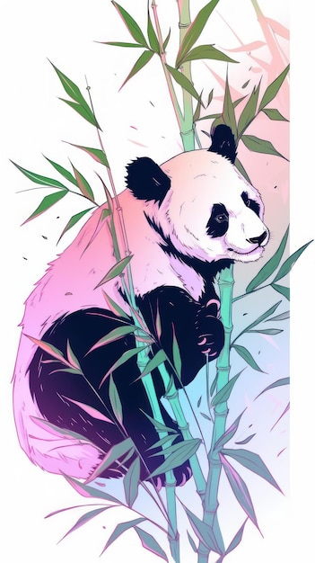 Photo illustration d'un mignon panda avec du bambou sur un fond vert