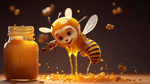 Illustration d'un mignon personnage de pot de miel souriant avec une abeille dans un cadre chaud éclairé par le soleil