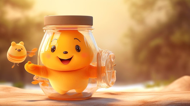 Illustration d'un mignon personnage de pot de miel souriant avec une abeille dans un cadre chaud éclairé par le soleil