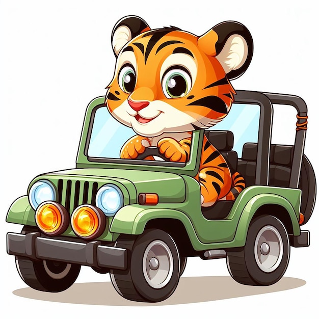 illustration d'un mignon petit bébé tigre conduisant une jeep sur un fond blanc