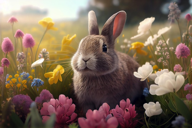 Illustration d'un mignon petit lapin dans le pré avec de nombreuses fleurs colorées autour de l'IA générative