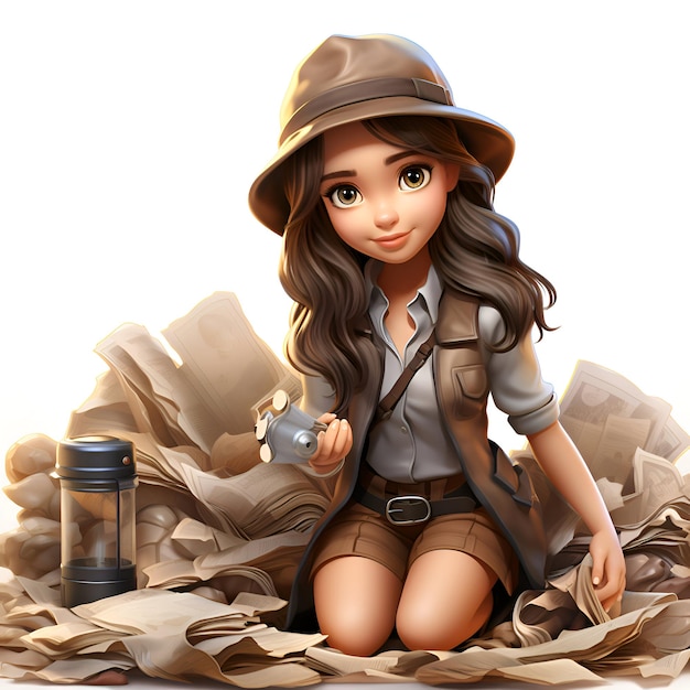 Illustration d'une mignonne détective de dessin animé assise sur une pile de papier