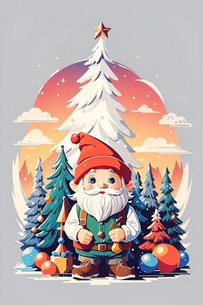 Illustration mignonne de gnomes de Noël avec des pins et des ornements