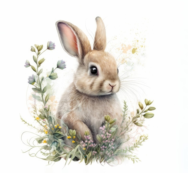 Illustration mignonne avec lapin de Pâques dessin réaliste d'un lapin aux couleurs pastel lièvre avec des fleurs de printemps symbole de Pâques Créé avec la technologie Generative AI