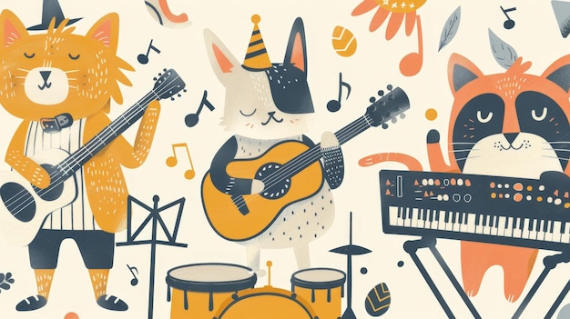 Une illustration mignonne et ludique d'animaux jouant d'instruments de musique générée par l'IA
