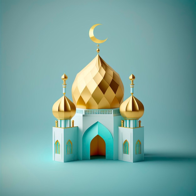 Illustration miniature 3d d'une mosquée avec un dôme brillant doré