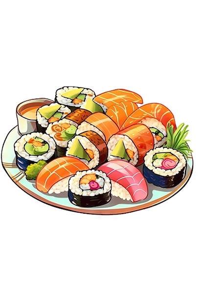 Illustration minimaliste d'une délicieuse assiette de sushi sur un fond blanc propre