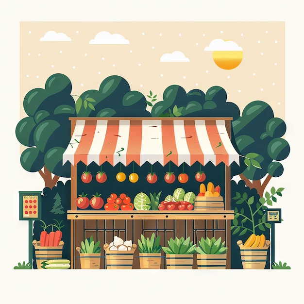 Illustration minimaliste du marché des agriculteurs promouvant les aliments biologiques