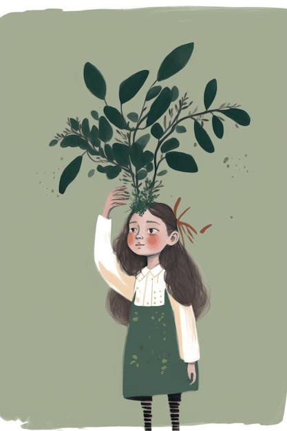 Illustration minimaliste de fille enfant et plante Generative Ai