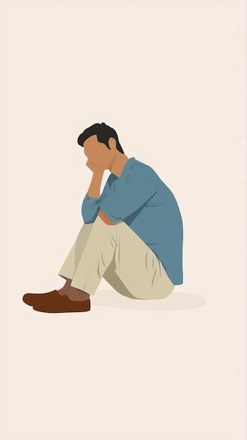 Illustration minimaliste d'un homme assis sur le sol avec la tête vers le bas dans le boîtier de l'iPad