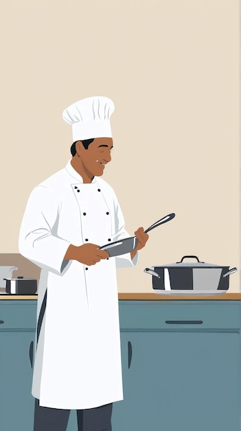 Photo illustration minimaliste un homme en uniforme de chef blanc se tient devant une cuisine