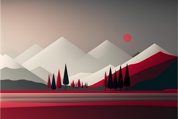 Une illustration minimaliste des montagnes et des arbres dans un style plat.