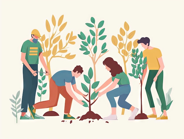 Illustration minimaliste Travail d'équipe Une équipe plante des arbres ensemble