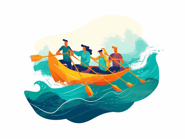Illustration minimaliste Travail d'équipe Une équipe ramie un bateau ensemble pour surmonter les vagues