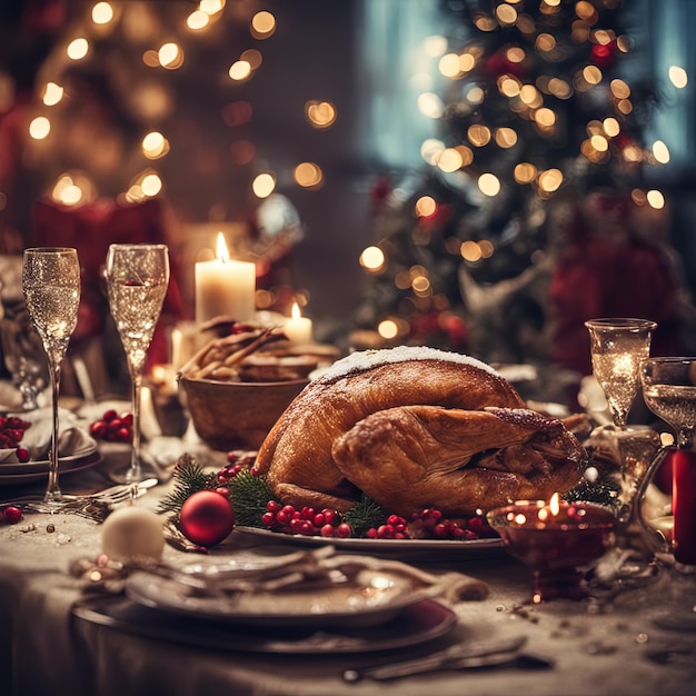 Photo illustration de la mise en place de la table de noël avec une fête de noël en arrière-plan