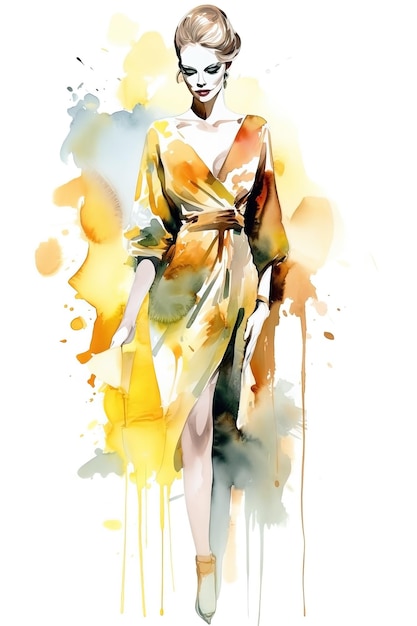 Illustration de mode d'une femme à l'aquarelle sur fond blanc générée par Ai